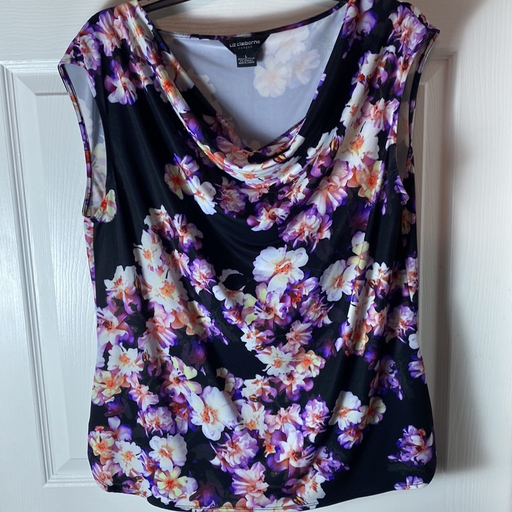 Liz Claiborne Women Career Cap Sleeve Floral Blouse Size Large Top